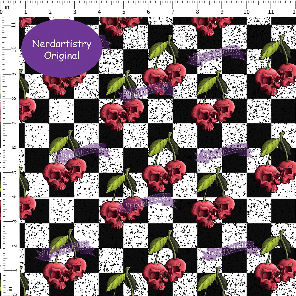 Pre-Order: Grunge Checkered Cherry Skulls - Fabric By The Yard