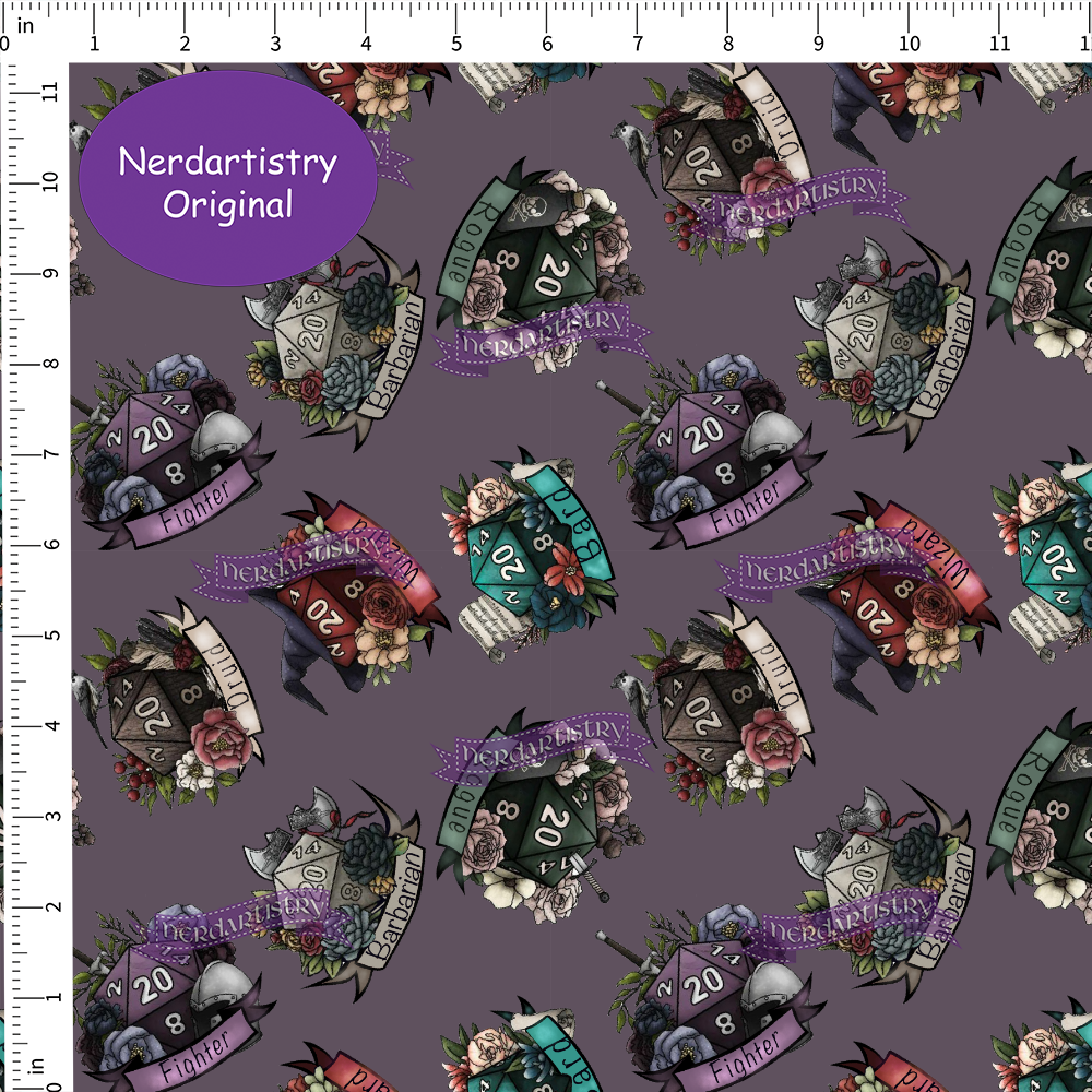 Pre-Order: Classes and Dice Purple - Fabric By The Yard