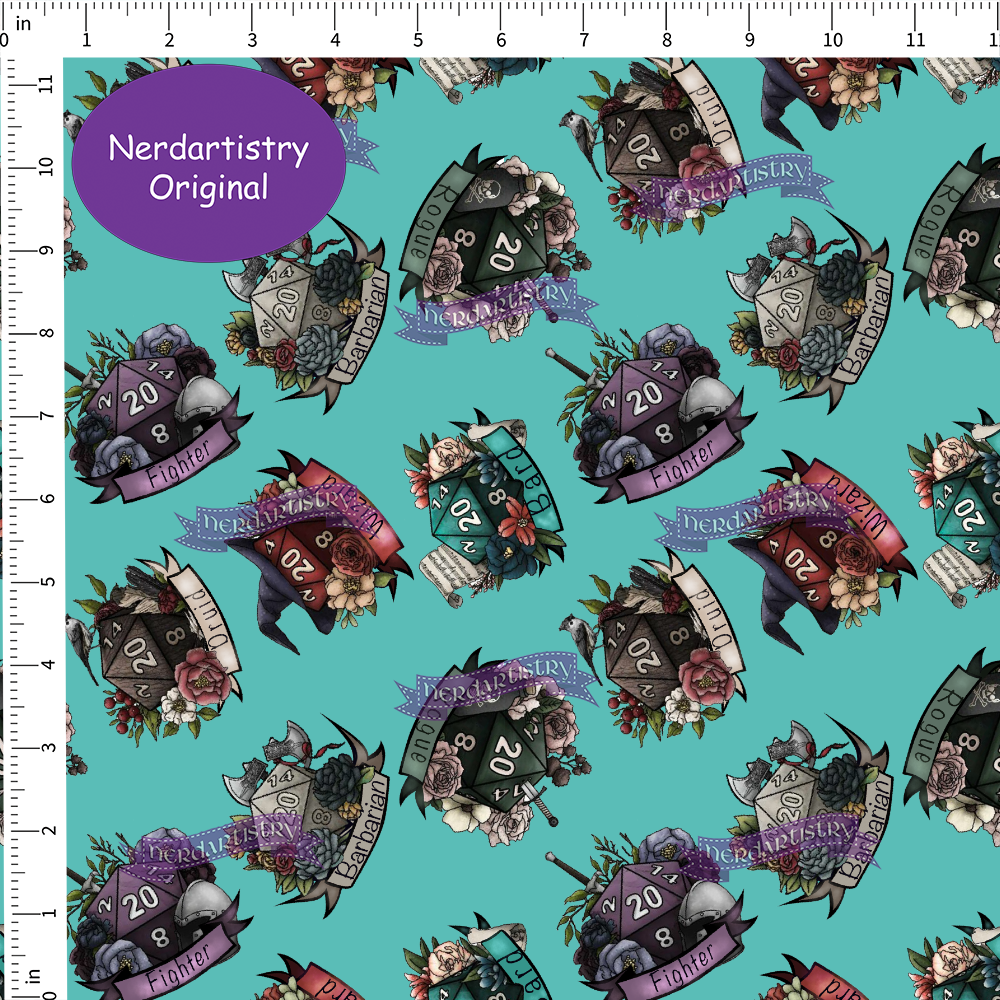 Patreon Pre-Order: Classes and Dice on Teal - Fabric By The Yard